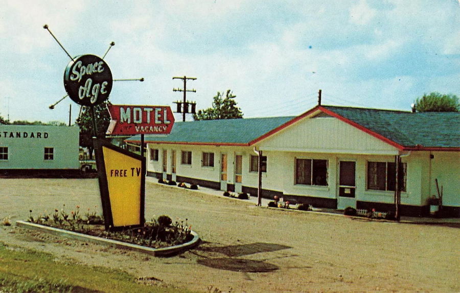 Greens Standard Service and Space Age Motel (M-46 Motel) - Vintage Postcard (newer photo)